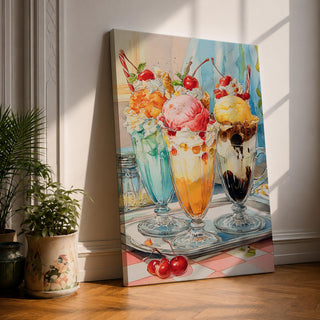 Colorful ice cream sundae wall art featuring three dessert glasses topped with scoops of ice cream, whipped cream, cherries, waffle cones, and chocolate drizzle. This vibrant watercolor-style painting brings a cheerful retro diner feel, making it perfect for kitchens, cafes, ice cream shops, and dessert lovers.