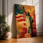 Statue of Liberty wall art featuring Lady Liberty standing before a dramatic American flag rendered in bold abstract brushstrokes. Rich red, white, blue, and gold tones create a patriotic artwork that celebrates freedom, independence, national pride, and the enduring spirit of the United States.