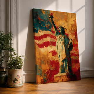 Statue of Liberty wall art featuring Lady Liberty standing before a dramatic American flag rendered in bold abstract brushstrokes. Rich red, white, blue, and gold tones create a patriotic artwork that celebrates freedom, independence, national pride, and the enduring spirit of the United States.