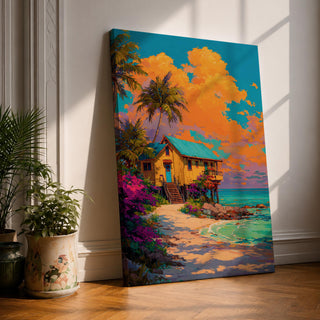 Painting of a tropical beach house with a blue roof and yellow walls surrounded by palm trees and vibrant flowers, set against a dramatic orange sunset sky with clouds, overlooking turquoise ocean waves and sandy shore in a colorful style.