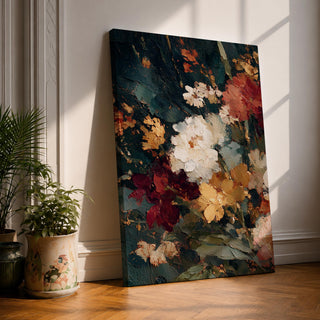 Moody floral wall art featuring richly textured blossoms in cream, burgundy, blush pink, and golden tones against a deep dark background. Expressive impressionist brushwork and layered botanical details create an elegant vintage-inspired composition perfect for sophisticated home decor.