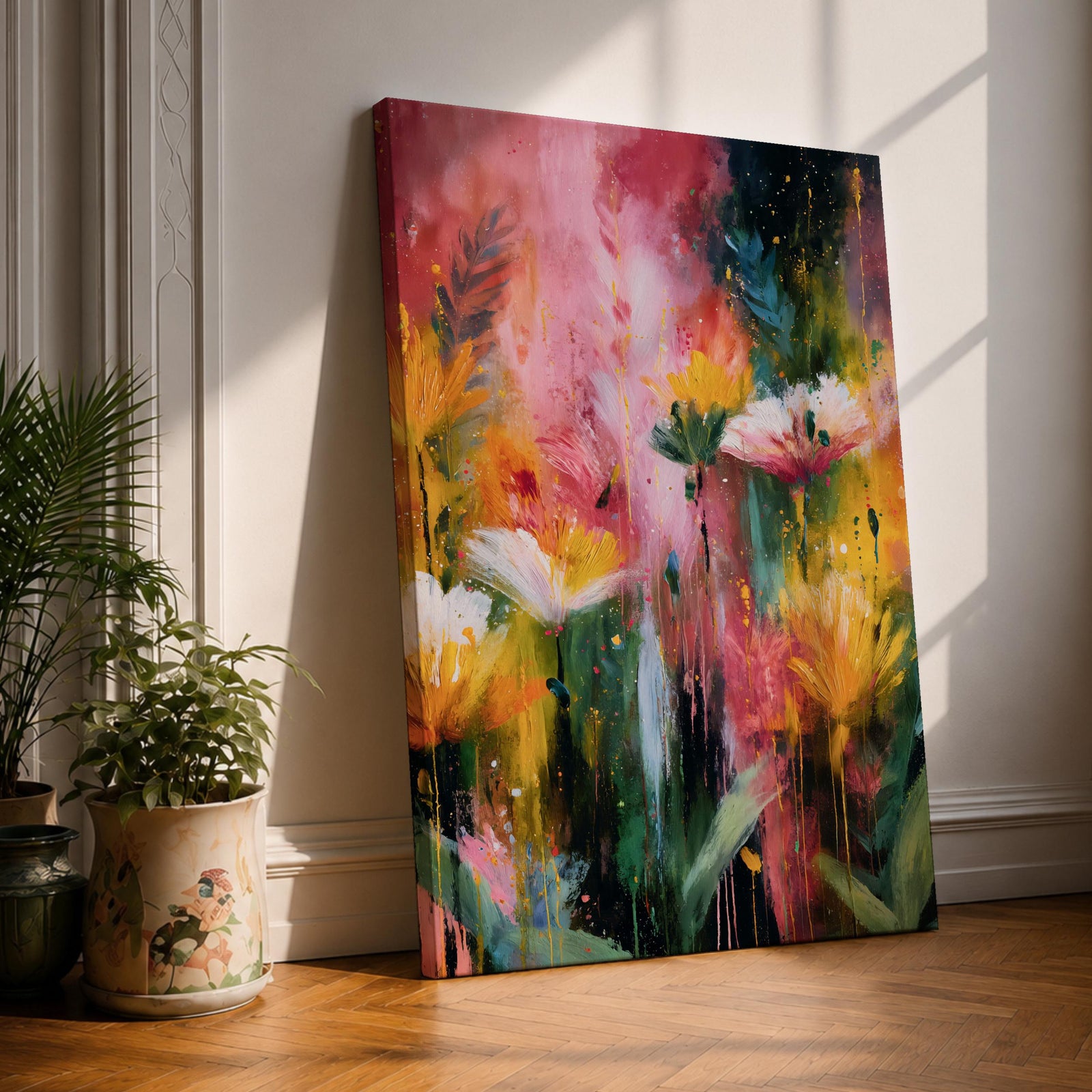 Abstract floral bouquet painting featuring colorful blooming flowers in shades of pink, yellow, white, and green with expressive brushstrokes and drips, leaning against a wall in natural light, showcasing vibrant garden flowers in an abstract botanical style.