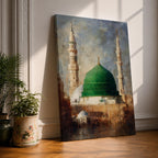 Islamic wall art featuring the iconic Green Dome of Al Masjid an-Nabawi in Madinah, surrounded by elegant minarets. Soft impressionist brushwork, warm architectural tones, and a serene atmosphere create a meaningful spiritual artwork ideal for Muslim homes, prayer rooms, and Islamic interiors.