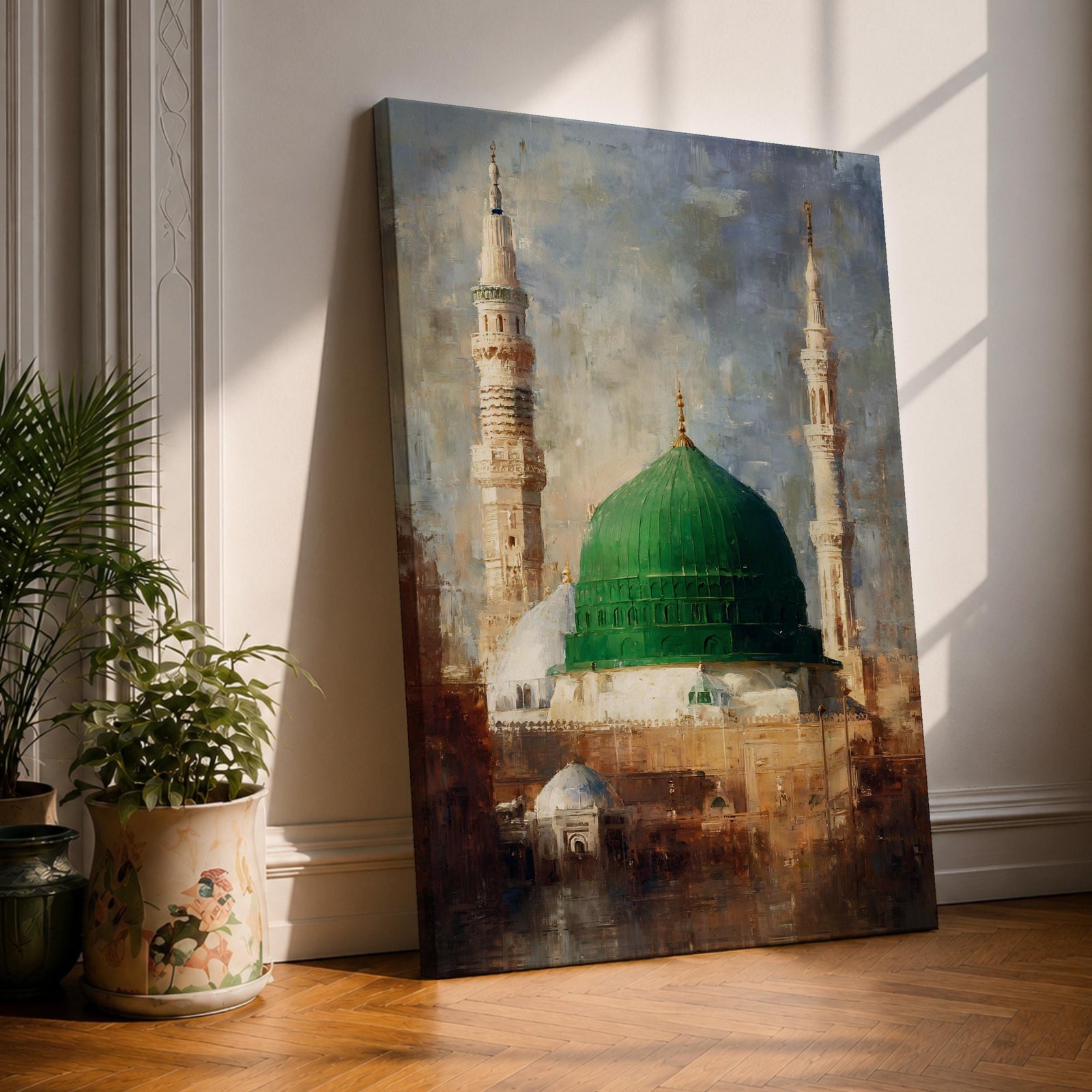 Islamic wall art featuring the iconic Green Dome of Al Masjid an-Nabawi in Madinah, surrounded by elegant minarets. Soft impressionist brushwork, warm architectural tones, and a serene atmosphere create a meaningful spiritual artwork ideal for Muslim homes, prayer rooms, and Islamic interiors.