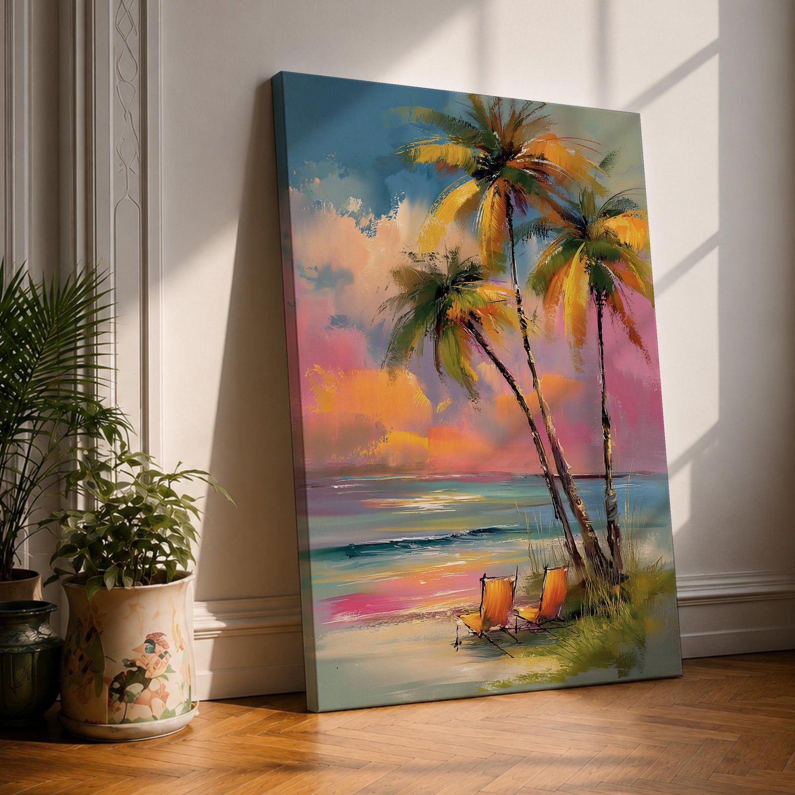 Painting of three palm trees on a tropical beach at sunset with two orange beach chairs, colorful sky with pink and orange clouds, impressionistic style coastal landscape composition.