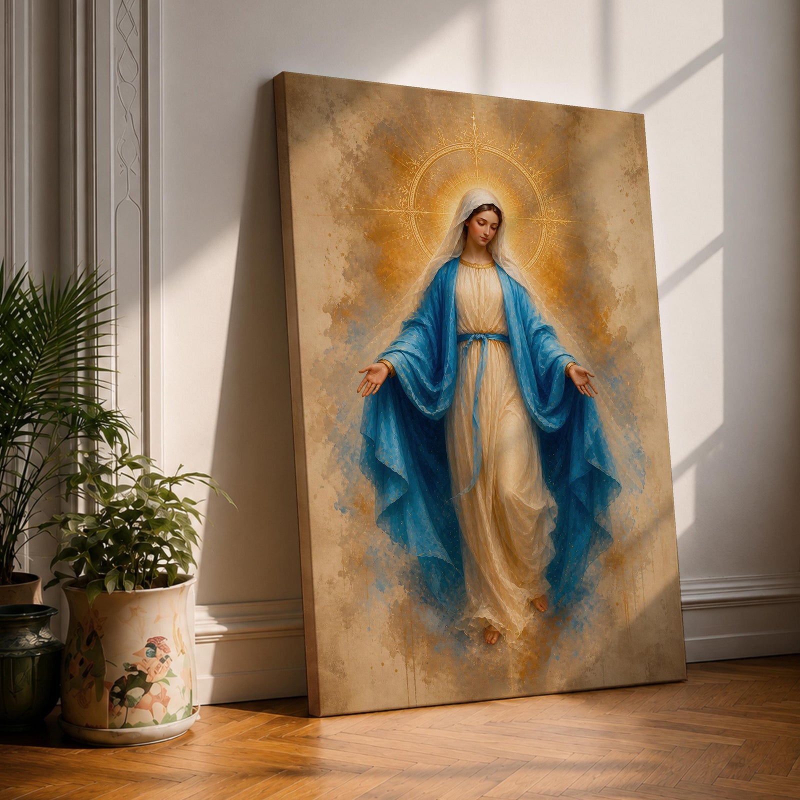 Bring peace and inspiration into your home with this Our Lady of Grace Wall Art, featuring the Blessed Virgin Mary in flowing blue robes illuminated by a radiant gold halo. Soft neutral tones and timeless Christian artistry create a beautiful centerpiece for prayer rooms, living rooms, and sacred spaces.