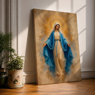 Bring peace and inspiration into your home with this Our Lady of Grace Wall Art, featuring the Blessed Virgin Mary in flowing blue robes illuminated by a radiant gold halo. Soft neutral tones and timeless Christian artistry create a beautiful centerpiece for prayer rooms, living rooms, and sacred spaces.