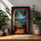 Vibrant tropical window wall art featuring open shutters overlooking a sparkling ocean bay with sailboats, palm trees, colorful flowers, and Mediterranean-style coastal homes. Scenic seaside artwork with rich colors, vacation-inspired charm, and relaxing coastal decor appeal.