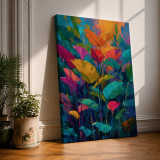 Vibrant abstract botanical wall art featuring colorful tropical leaves in bold shades of teal, orange, pink, yellow, and green. Contemporary floral artwork with expressive brushstrokes, layered foliage, and modern nature-inspired design perfect for bright and stylish interiors.