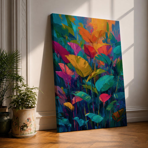 Vibrant abstract botanical wall art featuring colorful tropical leaves in bold shades of teal, orange, pink, yellow, and green. Contemporary floral artwork with expressive brushstrokes, layered foliage, and modern nature-inspired design perfect for bright and stylish interiors.