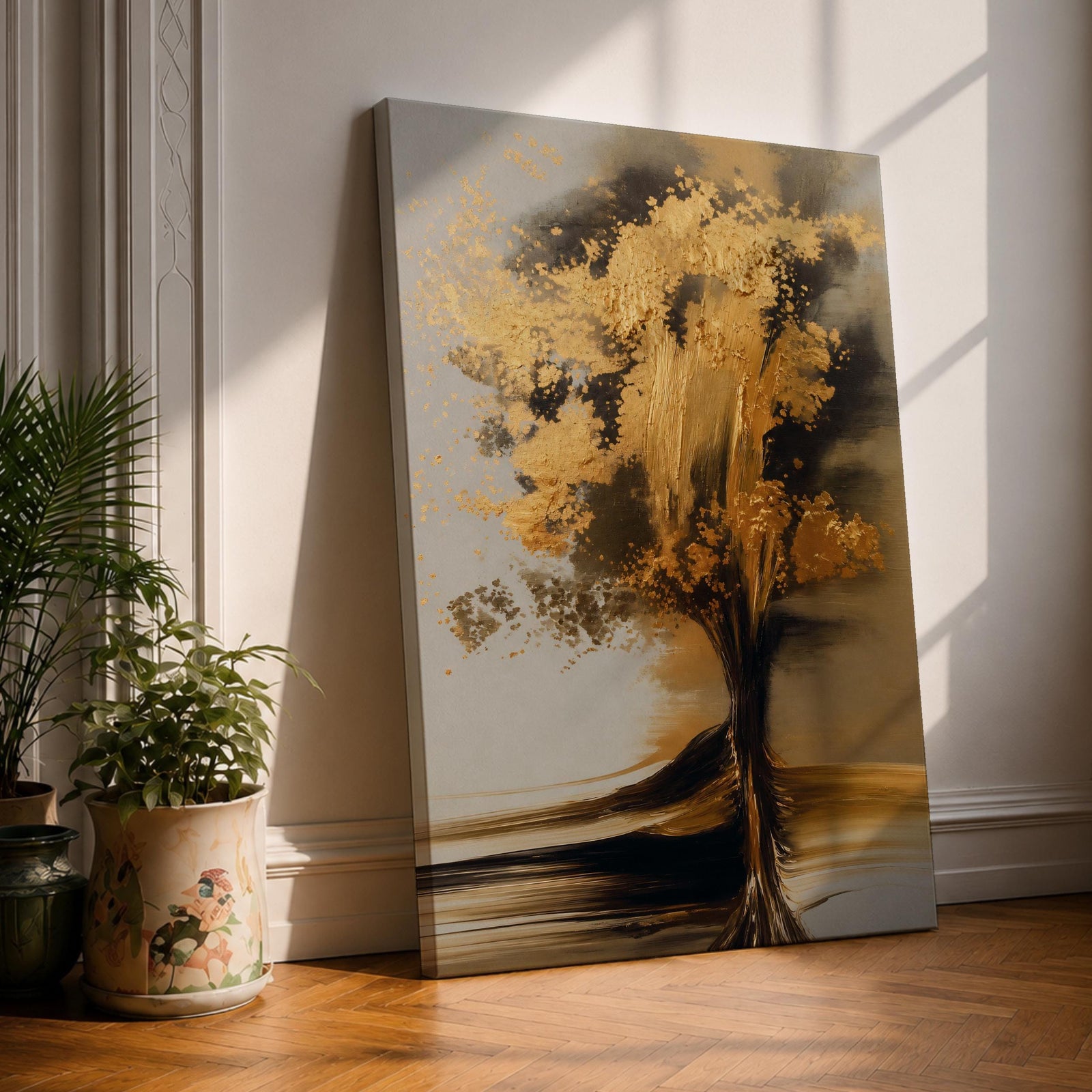Sophisticated Tree of Life wall art featuring a radiant tree with shimmering golden leaves and flowing branches against a soft neutral background. Abstract spiritual artwork with rich gold accents, elegant textures, and symbolic themes of growth, abundance, wisdom, and renewal for modern home decor.