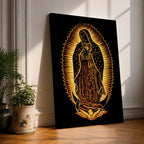 Our Lady of Guadalupe devotional icon showing the Virgin Mary standing in prayer with hands clasped, surrounded by radiant rays and wearing a mantle decorated with stars, positioned above a crescent moon supported by an angel below, following the traditional Catholic Guadalupe apparition imagery used in religious devotional artwork.
