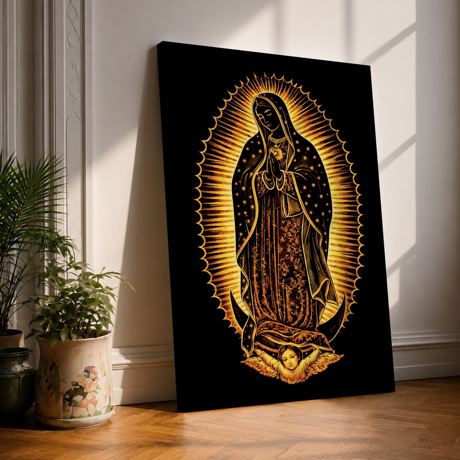 Our Lady of Guadalupe devotional icon showing the Virgin Mary standing in prayer with hands clasped, surrounded by radiant rays and wearing a mantle decorated with stars, positioned above a crescent moon supported by an angel below, following the traditional Catholic Guadalupe apparition imagery used in religious devotional artwork.