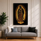 Our Lady of Guadalupe devotional icon showing the Virgin Mary standing in prayer with hands clasped, surrounded by radiant rays and wearing a mantle decorated with stars, positioned above a crescent moon supported by an angel below, following the traditional Catholic Guadalupe apparition imagery used in religious devotional artwork.