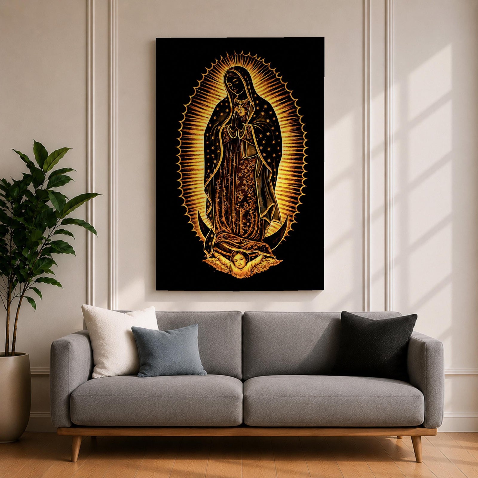 Our Lady of Guadalupe devotional icon showing the Virgin Mary standing in prayer with hands clasped, surrounded by radiant rays and wearing a mantle decorated with stars, positioned above a crescent moon supported by an angel below, following the traditional Catholic Guadalupe apparition imagery used in religious devotional artwork.