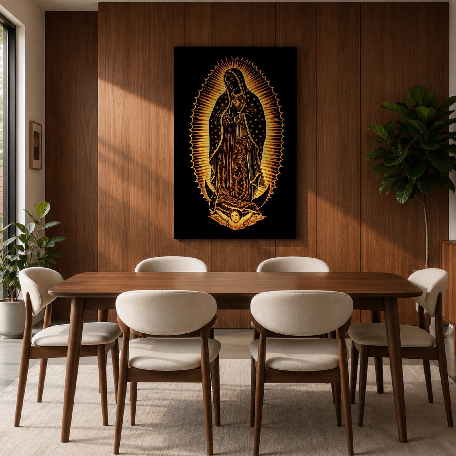 Our Lady of Guadalupe devotional icon showing the Virgin Mary standing in prayer with hands clasped, surrounded by radiant rays and wearing a mantle decorated with stars, positioned above a crescent moon supported by an angel below, following the traditional Catholic Guadalupe apparition imagery used in religious devotional artwork.