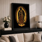 Our Lady of Guadalupe devotional icon showing the Virgin Mary standing in prayer with hands clasped, surrounded by radiant rays and wearing a mantle decorated with stars, positioned above a crescent moon supported by an angel below, following the traditional Catholic Guadalupe apparition imagery used in religious devotional artwork.