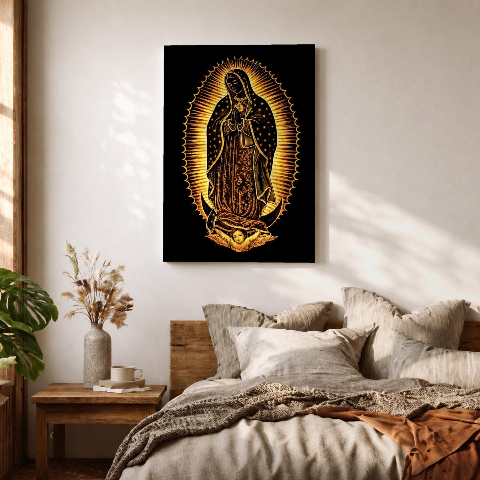 Our Lady of Guadalupe devotional icon showing the Virgin Mary standing in prayer with hands clasped, surrounded by radiant rays and wearing a mantle decorated with stars, positioned above a crescent moon supported by an angel below, following the traditional Catholic Guadalupe apparition imagery used in religious devotional artwork.