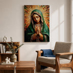 Mosaic style portrait of the Virgin Mary shown with head bowed and hands clasped in prayer, composed of small tile like fragments forming a devotional Catholic image. Radiant rays expand behind her while a detailed veil and necklace are rendered in textured mosaic pieces typical of religious icon artwork.