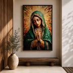 Mosaic style portrait of the Virgin Mary shown with head bowed and hands clasped in prayer, composed of small tile like fragments forming a devotional Catholic image. Radiant rays expand behind her while a detailed veil and necklace are rendered in textured mosaic pieces typical of religious icon artwork.