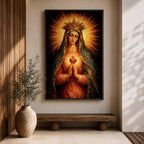 Immaculate Heart of Mary devotional portrait showing the Virgin Mary wearing a crown and veil while holding hands in prayer, with the sacred heart glowing at her chest surrounded by radiant light. The composition follows traditional Catholic iconography emphasizing Marian devotion and the sacred heart symbol associated with the Immaculate Heart.