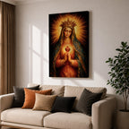 Immaculate Heart of Mary devotional portrait showing the Virgin Mary wearing a crown and veil while holding hands in prayer, with the sacred heart glowing at her chest surrounded by radiant light. The composition follows traditional Catholic iconography emphasizing Marian devotion and the sacred heart symbol associated with the Immaculate Heart.