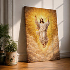 Ascension of Jesus depiction showing Christ rising upward with arms raised above the clouds while radiant light surrounds him, presented in a traditional Christian biblical composition representing the resurrection and ascension of Christ, with flowing robes and a divine halo emphasizing the sacred figure of Jesus.