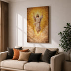 Ascension of Jesus depiction showing Christ rising upward with arms raised above the clouds while radiant light surrounds him, presented in a traditional Christian biblical composition representing the resurrection and ascension of Christ, with flowing robes and a divine halo emphasizing the sacred figure of Jesus.