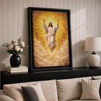 Ascension of Jesus depiction showing Christ rising upward with arms raised above the clouds while radiant light surrounds him, presented in a traditional Christian biblical composition representing the resurrection and ascension of Christ, with flowing robes and a divine halo emphasizing the sacred figure of Jesus.