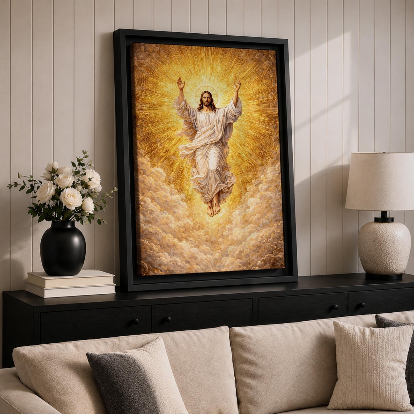 Ascension of Jesus depiction showing Christ rising upward with arms raised above the clouds while radiant light surrounds him, presented in a traditional Christian biblical composition representing the resurrection and ascension of Christ, with flowing robes and a divine halo emphasizing the sacred figure of Jesus.