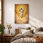 Ascension of Jesus depiction showing Christ rising upward with arms raised above the clouds while radiant light surrounds him, presented in a traditional Christian biblical composition representing the resurrection and ascension of Christ, with flowing robes and a divine halo emphasizing the sacred figure of Jesus.