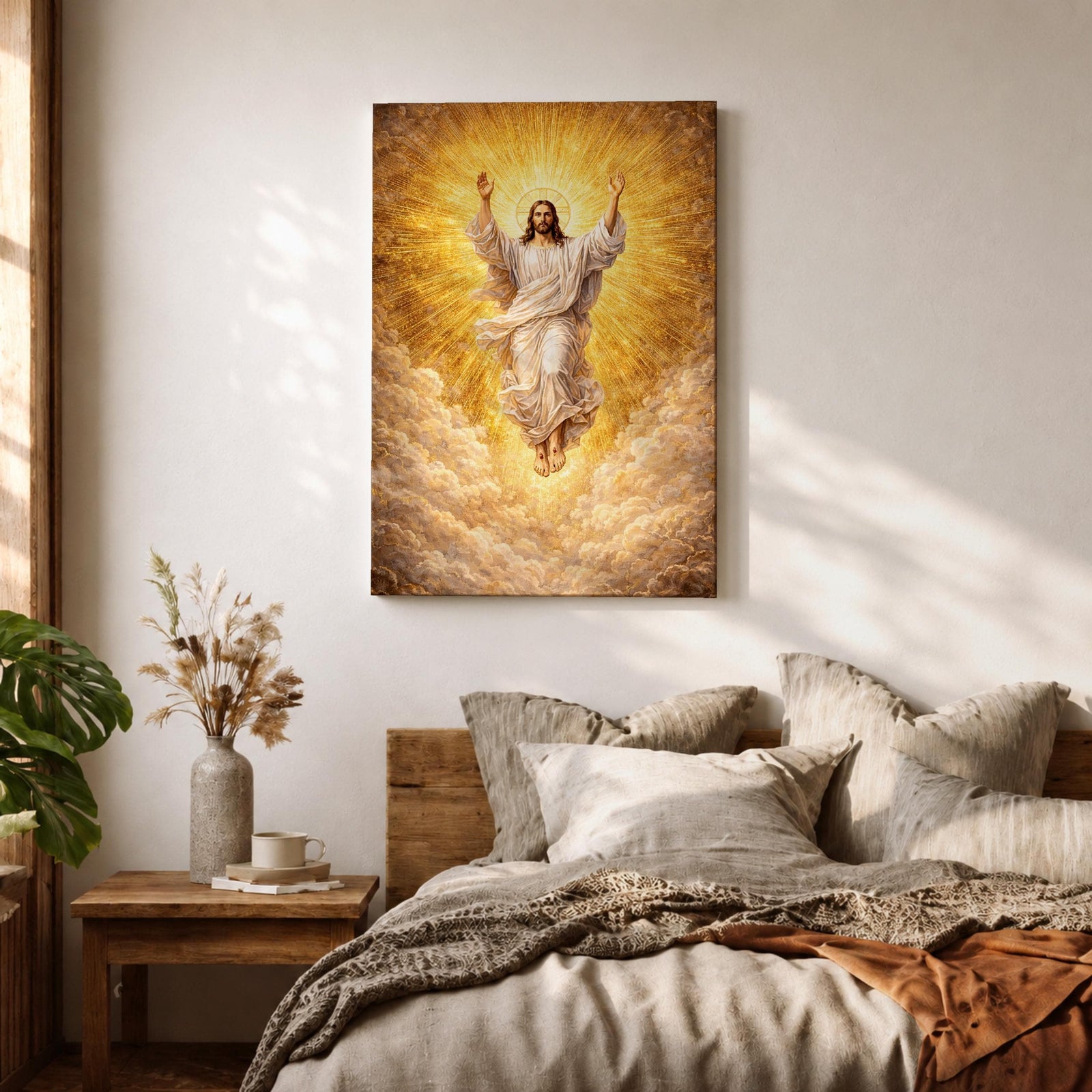 Ascension of Jesus depiction showing Christ rising upward with arms raised above the clouds while radiant light surrounds him, presented in a traditional Christian biblical composition representing the resurrection and ascension of Christ, with flowing robes and a divine halo emphasizing the sacred figure of Jesus.
