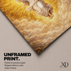 Ascension of Jesus depiction showing Christ rising upward with arms raised above the clouds while radiant light surrounds him, presented in a traditional Christian biblical composition representing the resurrection and ascension of Christ, with flowing robes and a divine halo emphasizing the sacred figure of Jesus.