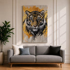 A detailed abstract tiger portrait rendered with bold black lines and golden accents, capturing the fierce gaze and striped fur of the animal. The artwork features dynamic brush strokes and a modern abstract style emphasizing the tiger’s majestic presence and wildlife essence.