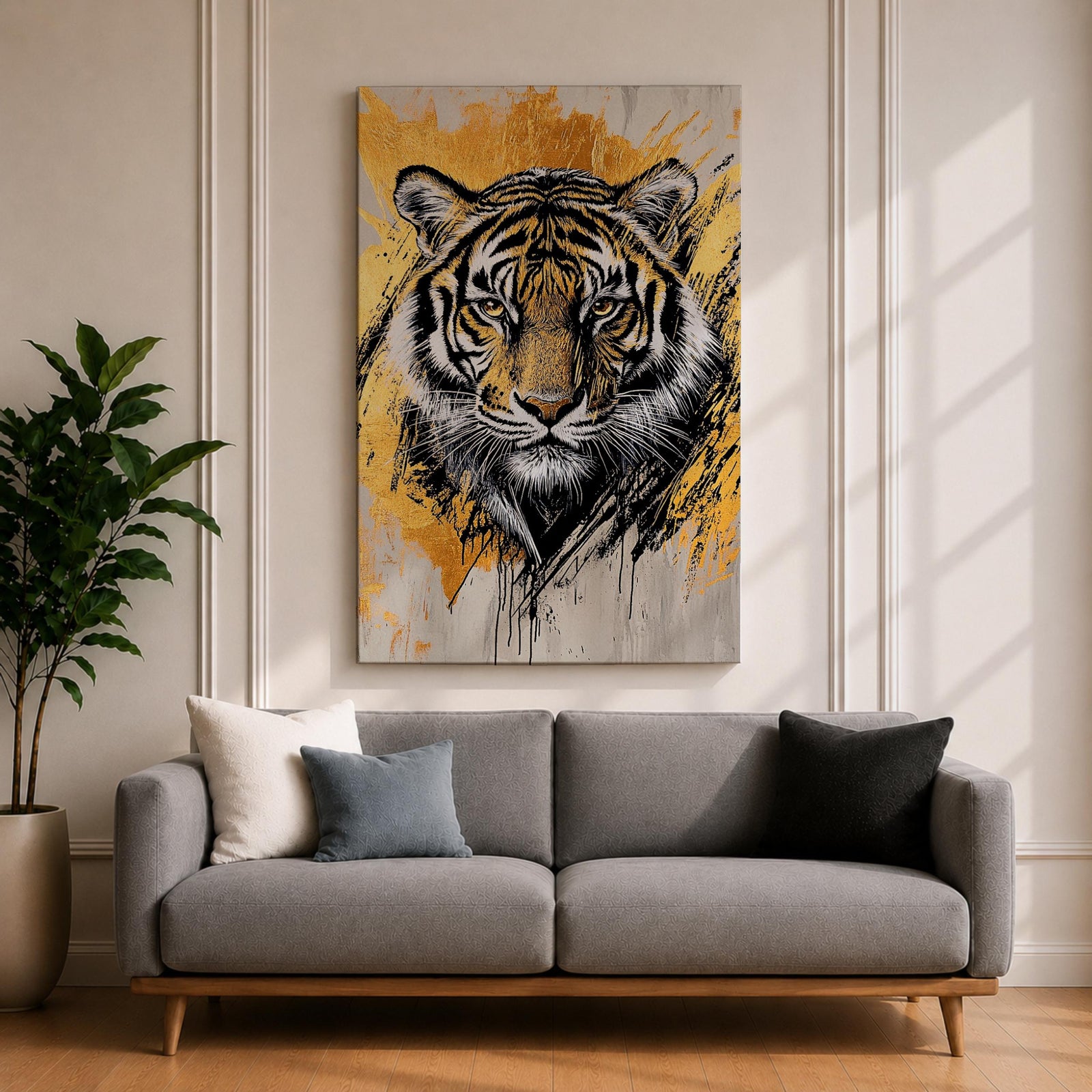 A detailed abstract tiger portrait rendered with bold black lines and golden accents, capturing the fierce gaze and striped fur of the animal. The artwork features dynamic brush strokes and a modern abstract style emphasizing the tiger’s majestic presence and wildlife essence.