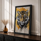 A detailed abstract tiger portrait rendered with bold black lines and golden accents, capturing the fierce gaze and striped fur of the animal. The artwork features dynamic brush strokes and a modern abstract style emphasizing the tiger’s majestic presence and wildlife essence.