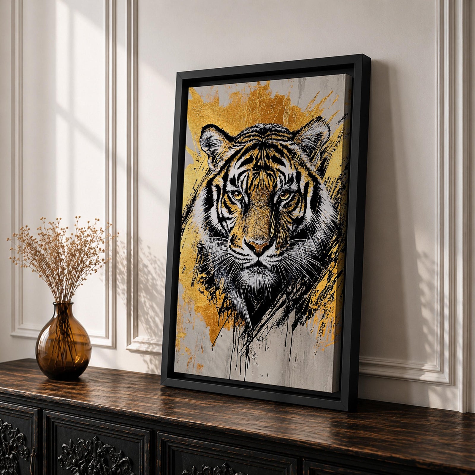 A detailed abstract tiger portrait rendered with bold black lines and golden accents, capturing the fierce gaze and striped fur of the animal. The artwork features dynamic brush strokes and a modern abstract style emphasizing the tiger’s majestic presence and wildlife essence.