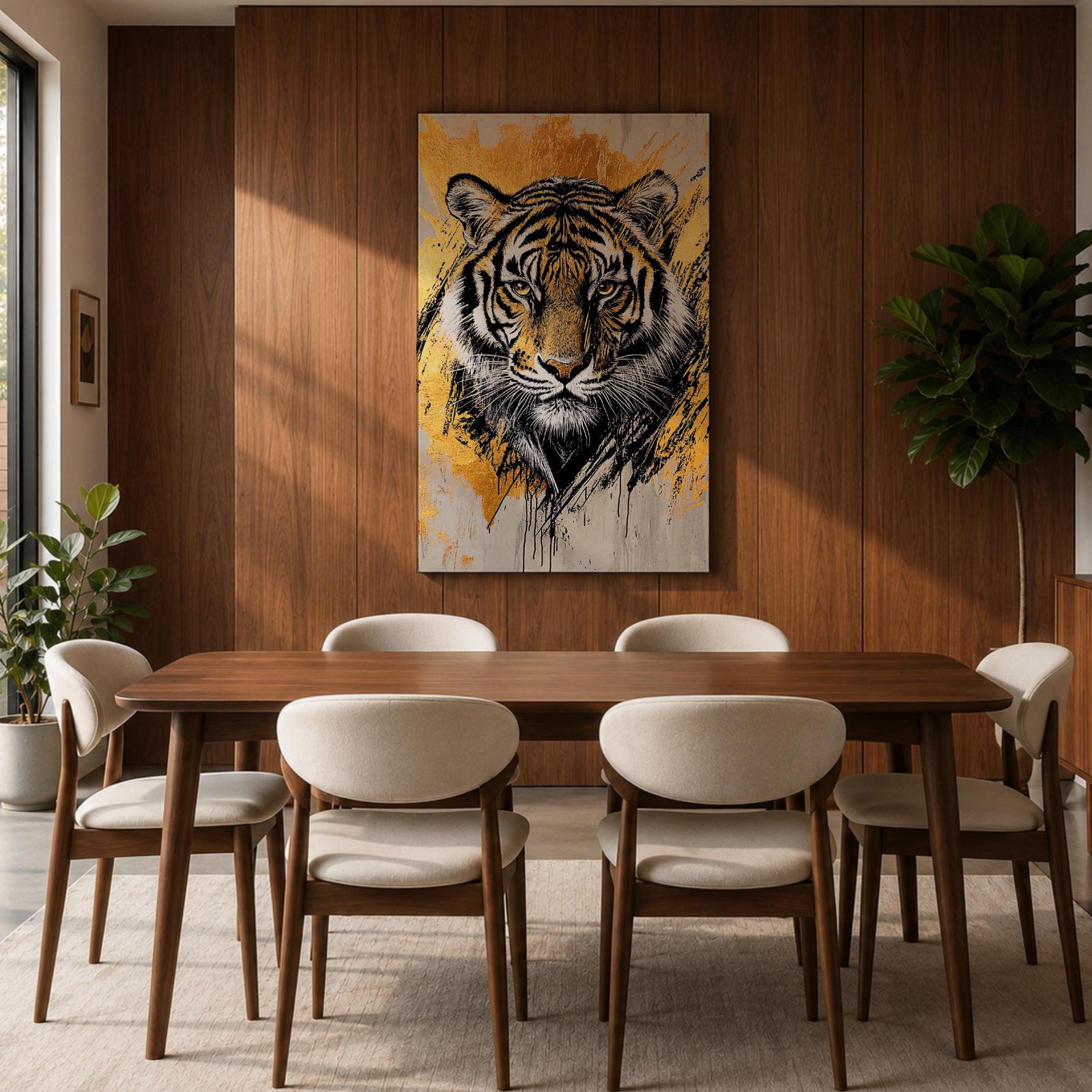 A detailed abstract tiger portrait rendered with bold black lines and golden accents, capturing the fierce gaze and striped fur of the animal. The artwork features dynamic brush strokes and a modern abstract style emphasizing the tiger’s majestic presence and wildlife essence.