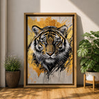 A detailed abstract tiger portrait rendered with bold black lines and golden accents, capturing the fierce gaze and striped fur of the animal. The artwork features dynamic brush strokes and a modern abstract style emphasizing the tiger’s majestic presence and wildlife essence.