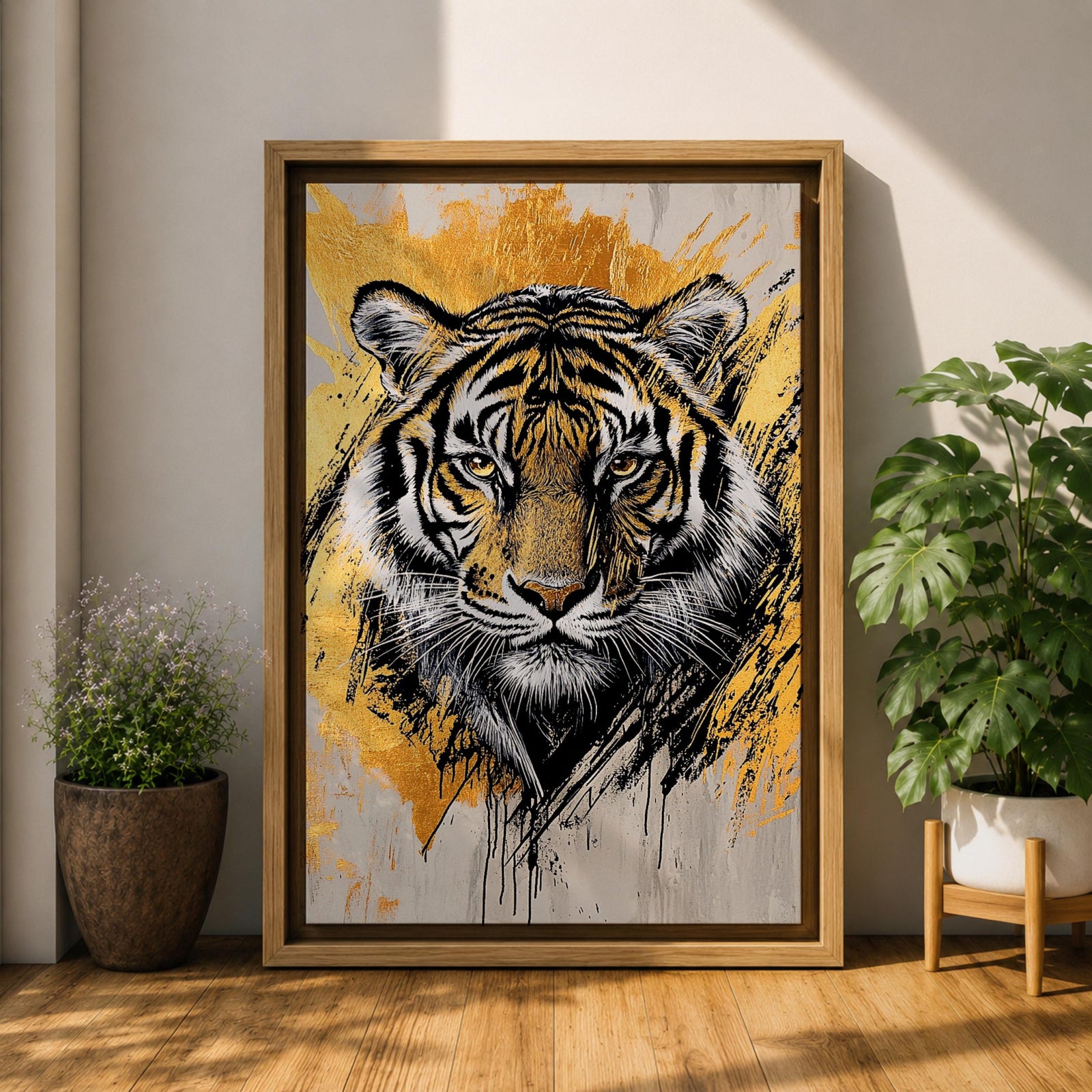 A detailed abstract tiger portrait rendered with bold black lines and golden accents, capturing the fierce gaze and striped fur of the animal. The artwork features dynamic brush strokes and a modern abstract style emphasizing the tiger’s majestic presence and wildlife essence.