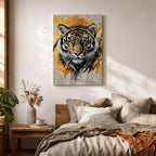 A detailed abstract tiger portrait rendered with bold black lines and golden accents, capturing the fierce gaze and striped fur of the animal. The artwork features dynamic brush strokes and a modern abstract style emphasizing the tiger’s majestic presence and wildlife essence.