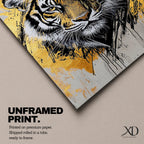 A detailed abstract tiger portrait rendered with bold black lines and golden accents, capturing the fierce gaze and striped fur of the animal. The artwork features dynamic brush strokes and a modern abstract style emphasizing the tiger’s majestic presence and wildlife essence.
