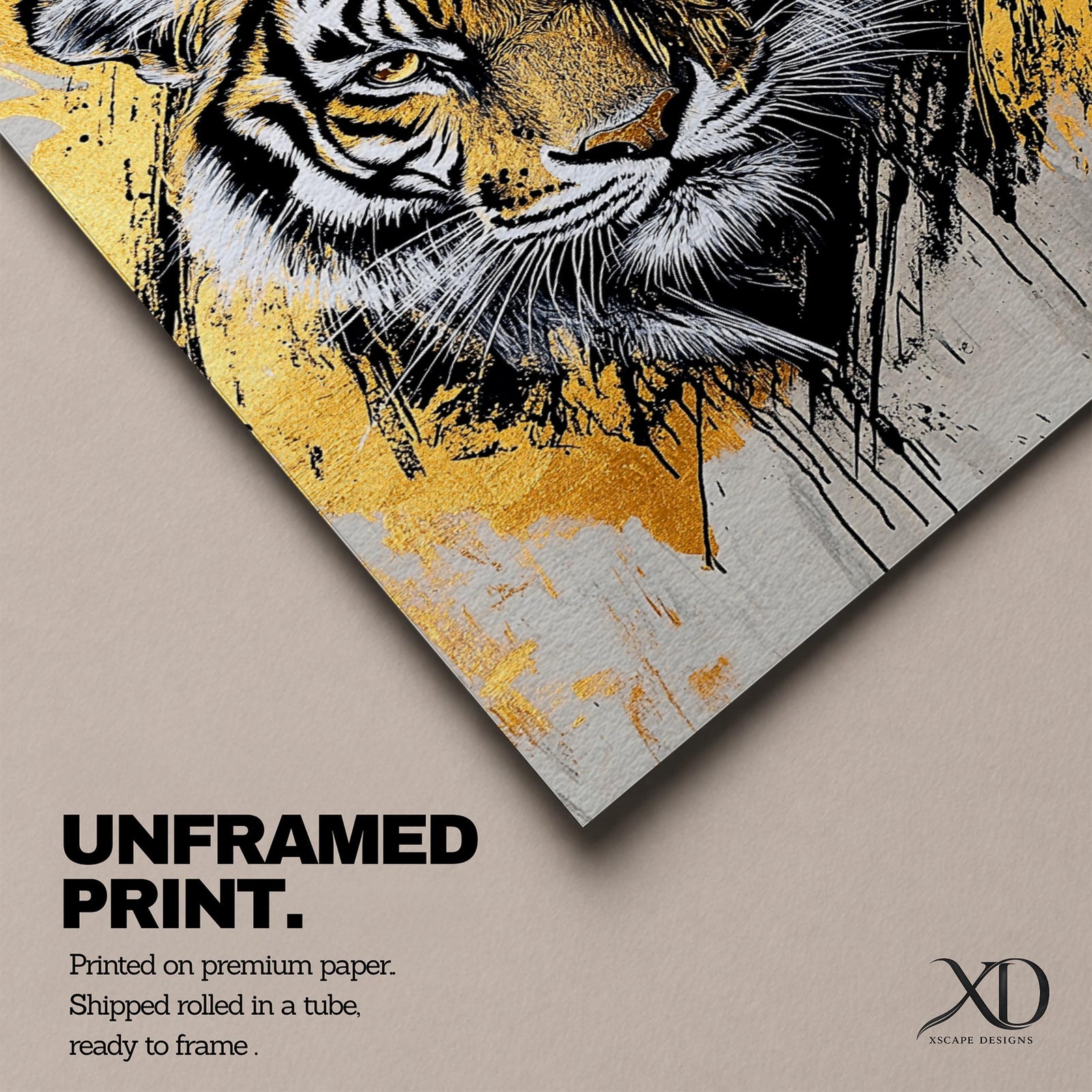 A detailed abstract tiger portrait rendered with bold black lines and golden accents, capturing the fierce gaze and striped fur of the animal. The artwork features dynamic brush strokes and a modern abstract style emphasizing the tiger’s majestic presence and wildlife essence.