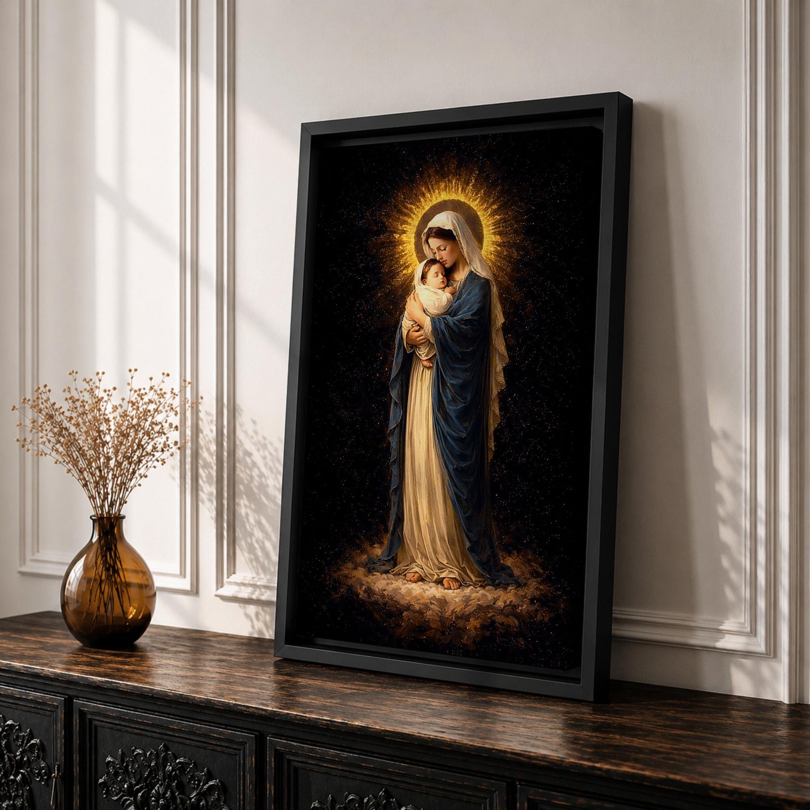 Madonna and Child devotional portrait showing the Virgin Mary holding the infant Jesus in her arms while standing on clouds with a radiant halo surrounding her head, presented in a traditional Catholic religious icon style emphasizing maternal imagery and the sacred relationship between Mary and the Christ child.