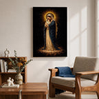 Madonna and Child devotional portrait showing the Virgin Mary holding the infant Jesus in her arms while standing on clouds with a radiant halo surrounding her head, presented in a traditional Catholic religious icon style emphasizing maternal imagery and the sacred relationship between Mary and the Christ child.