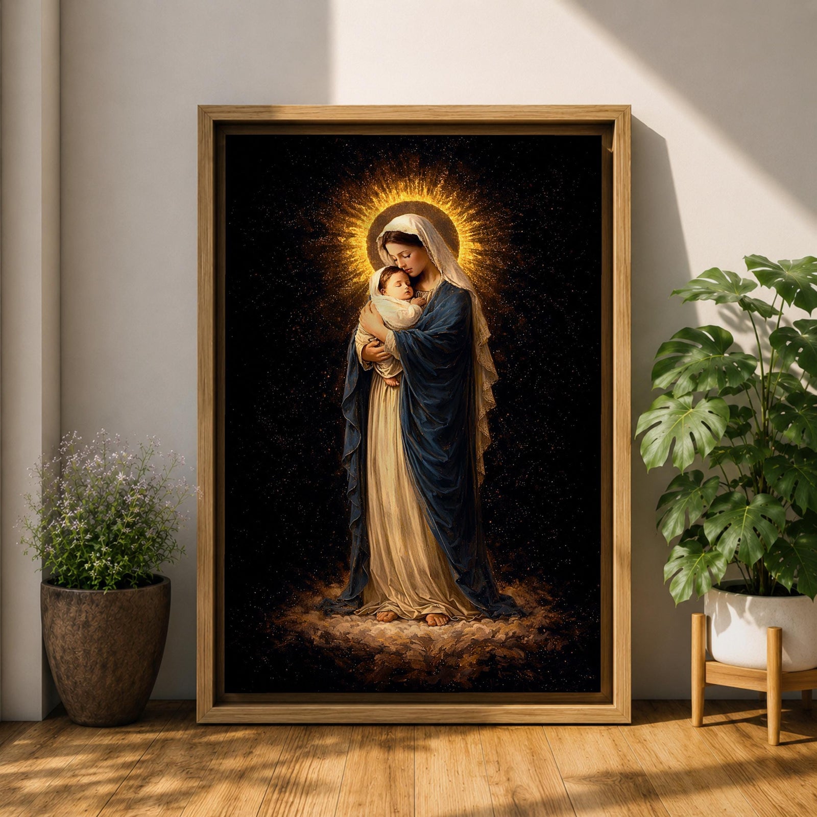 Madonna and Child devotional portrait showing the Virgin Mary holding the infant Jesus in her arms while standing on clouds with a radiant halo surrounding her head, presented in a traditional Catholic religious icon style emphasizing maternal imagery and the sacred relationship between Mary and the Christ child.