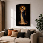 Madonna and Child devotional portrait showing the Virgin Mary holding the infant Jesus in her arms while standing on clouds with a radiant halo surrounding her head, presented in a traditional Catholic religious icon style emphasizing maternal imagery and the sacred relationship between Mary and the Christ child.