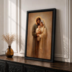 Holy Family devotional portrait showing Joseph and the Virgin Mary holding the infant Jesus together, their heads bowed close around the child in a traditional Christian religious composition. The figures are presented in a classic biblical family grouping associated with Catholic and Christian iconography of Jesus, Mary, and Joseph.