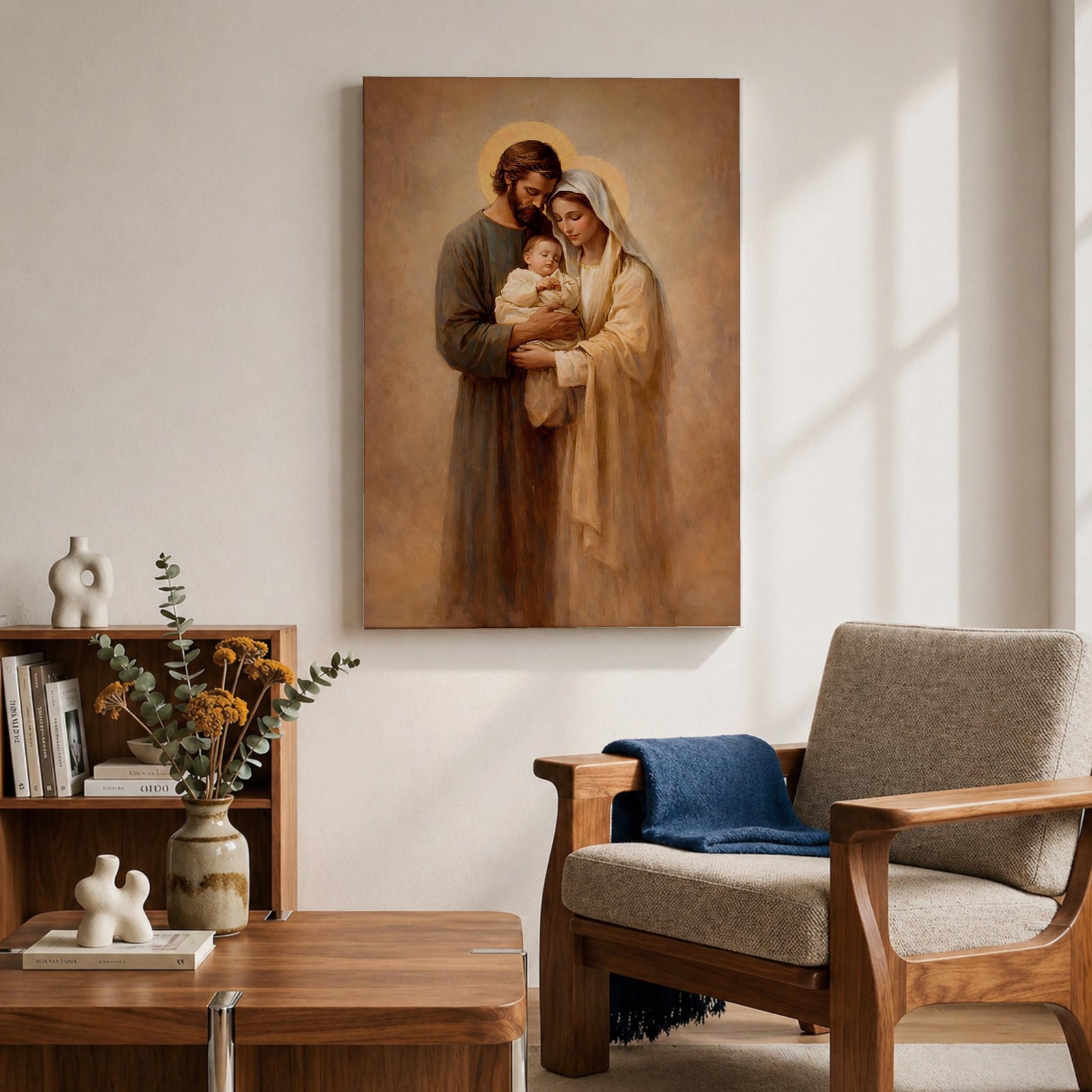 Holy Family devotional portrait showing Joseph and the Virgin Mary holding the infant Jesus together, their heads bowed close around the child in a traditional Christian religious composition. The figures are presented in a classic biblical family grouping associated with Catholic and Christian iconography of Jesus, Mary, and Joseph.