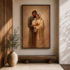 Holy Family devotional portrait showing Joseph and the Virgin Mary holding the infant Jesus together, their heads bowed close around the child in a traditional Christian religious composition. The figures are presented in a classic biblical family grouping associated with Catholic and Christian iconography of Jesus, Mary, and Joseph.